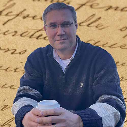 Author Paul Jariabek holding a coffee cup in front of a vintage handwritten manuscript background. Banner for the Sept 2025 Historical Fiction Newsletter