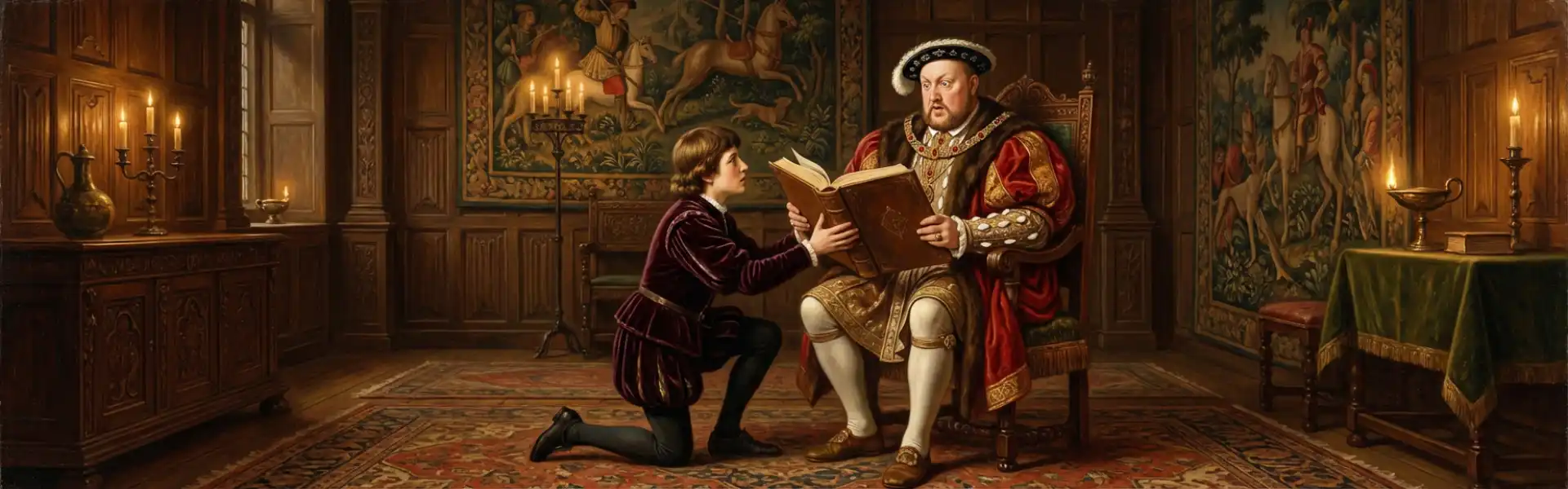 Henry VIII reading in a Tudor chamber with a young attendant nearby.