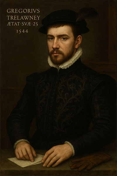 Portrait of Gregory Trelawney, a Tudor character sketch in historical fiction set during the Siege of Montreuil