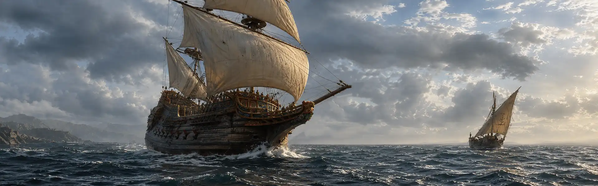 Illustration of a sixteenth-century-style galleon at sea. Historical fiction research into box hauling and whether a 16th-century galleon could box haul.