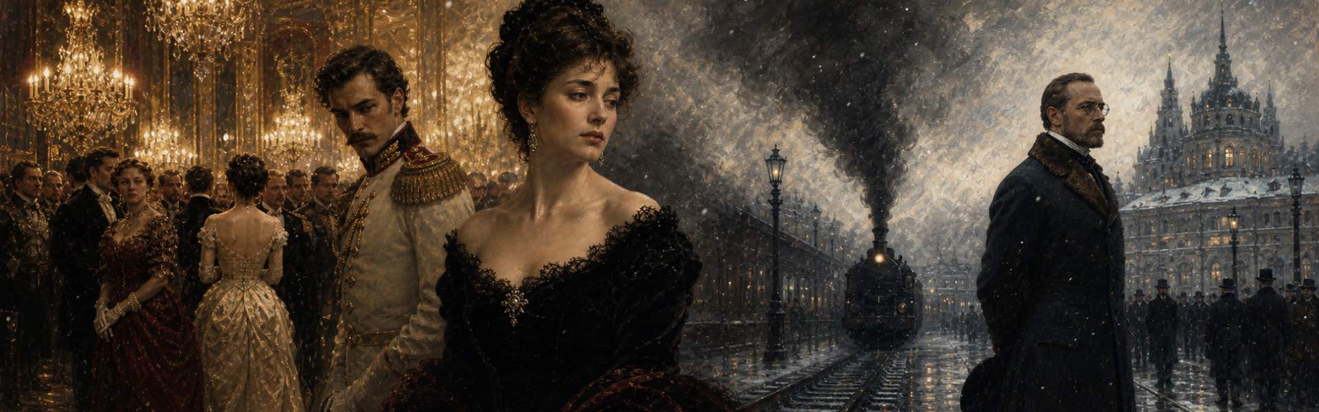 18th century painting depicting Anna Karenina between two worlds, those of Vronsky and Karenin and how Tolstoy leads the reader into the book with the famous quote of happy families being all alike; every unhappy family is unhappy in its own way.