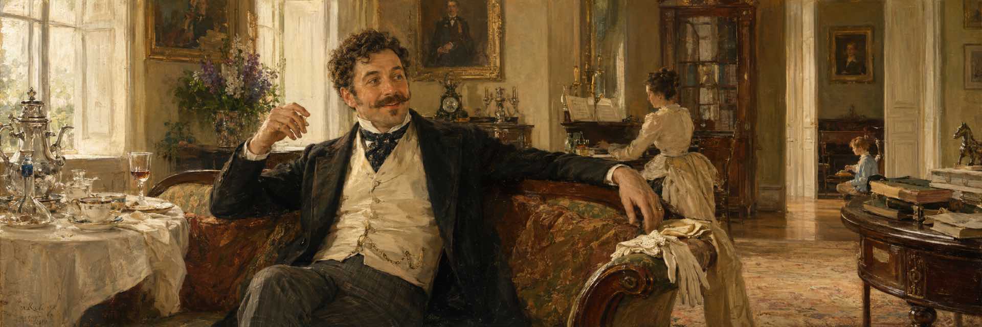Stepan Oblonsky in Anna Karenina, portrayed as a charming Russian aristocrat in a warm domestic interior of imperial Russia.