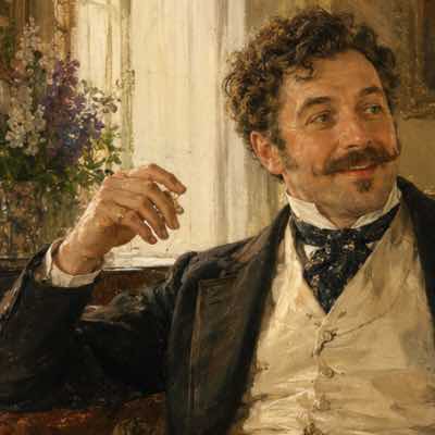 Stepan Oblonsky in Anna Karenina, portrayed as a charming Russian aristocrat in a warm domestic interior of imperial Russia.