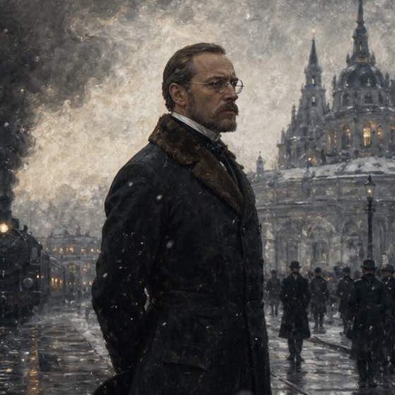 Illustration of Alexey Karenin in a dark imperial Russian interior, with winter light over St. Petersburg.