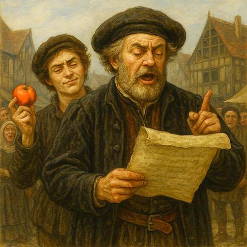 A humorous 16th-century market scene of a distinguished burgher reading a proclamation while a mischievous youth behind him weighs a tomato.