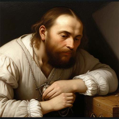 Portrait of the historical fiction novel Sic Parvis Magna villain James Reynard, contemplating in his cabin.