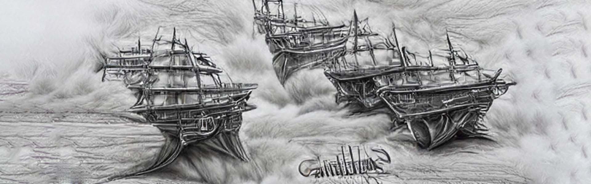 An experiment in creating AI-generated illustrations and art for historical fiction. Pencil sketch image of galleons in a storm.