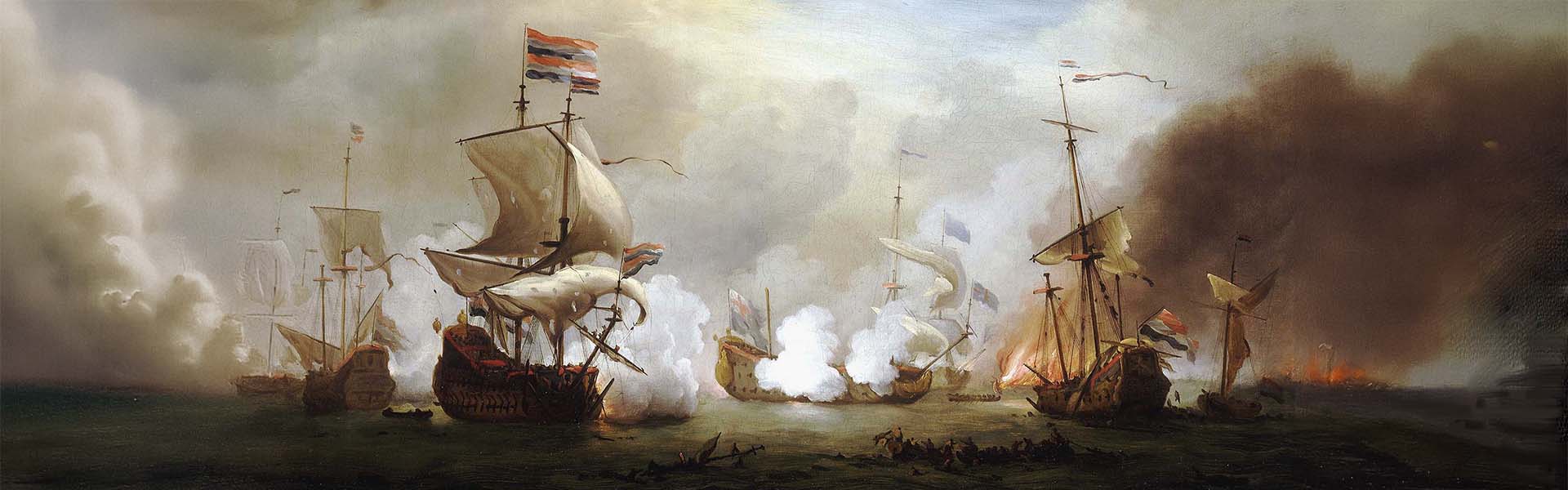 Modified painting Battle of the Texel depicting old ships in a pitched sea battle
