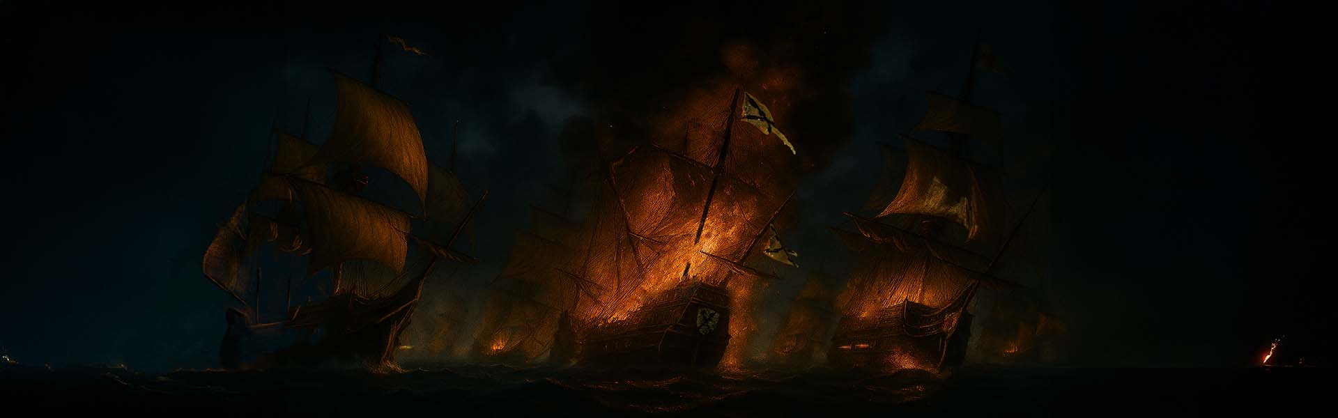 Night battle scene between English and Spanish galleons during the 1588 Spanish Armada, painted in dramatic Baroque style—wooden ships with towering sterns, cannon fire, and burning sails light the stormy sea—perfect for readers of historical fiction fans of great books to read about maritime warfare.
