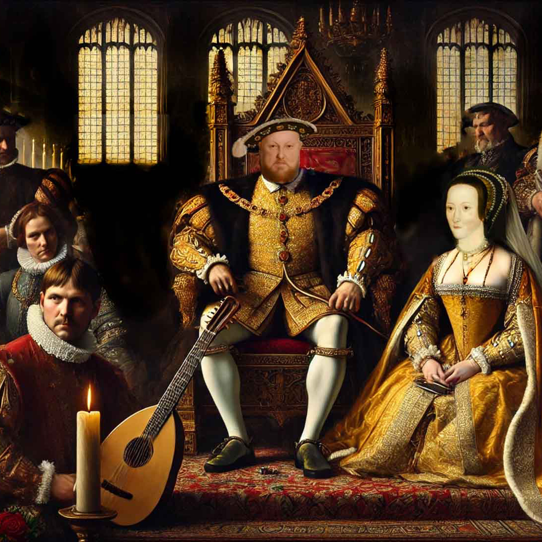 Oil Painting of Henry VIII with Anne Boleyn in court for the flash historical fiction story The Last Song
