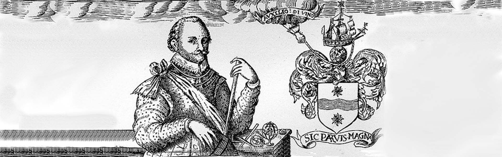 Historical illustration of Sir Francis Drake, Tudor privateer and explorer, with his coat of arms and the Sic Parvis Magna motto - a symbol of greatness from small beginnings - inspiring historical fiction about Francis Drake's naval adventures.