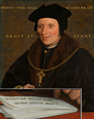 Oil on canvas Portrait of Sir Brian Tuke by Holbein with Latin inscription from Job 10:20 on folded paper, representing memento mori in Tudor England historical fiction context.